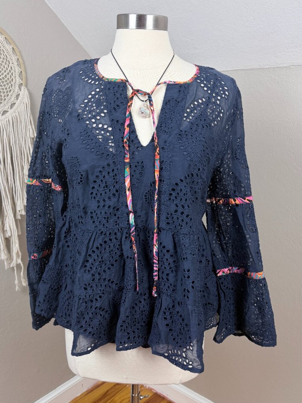 Johnny Was | Navy Tamera Eyelet Bell Sleeve Tie Neck Peplum Blouse Boho Resort